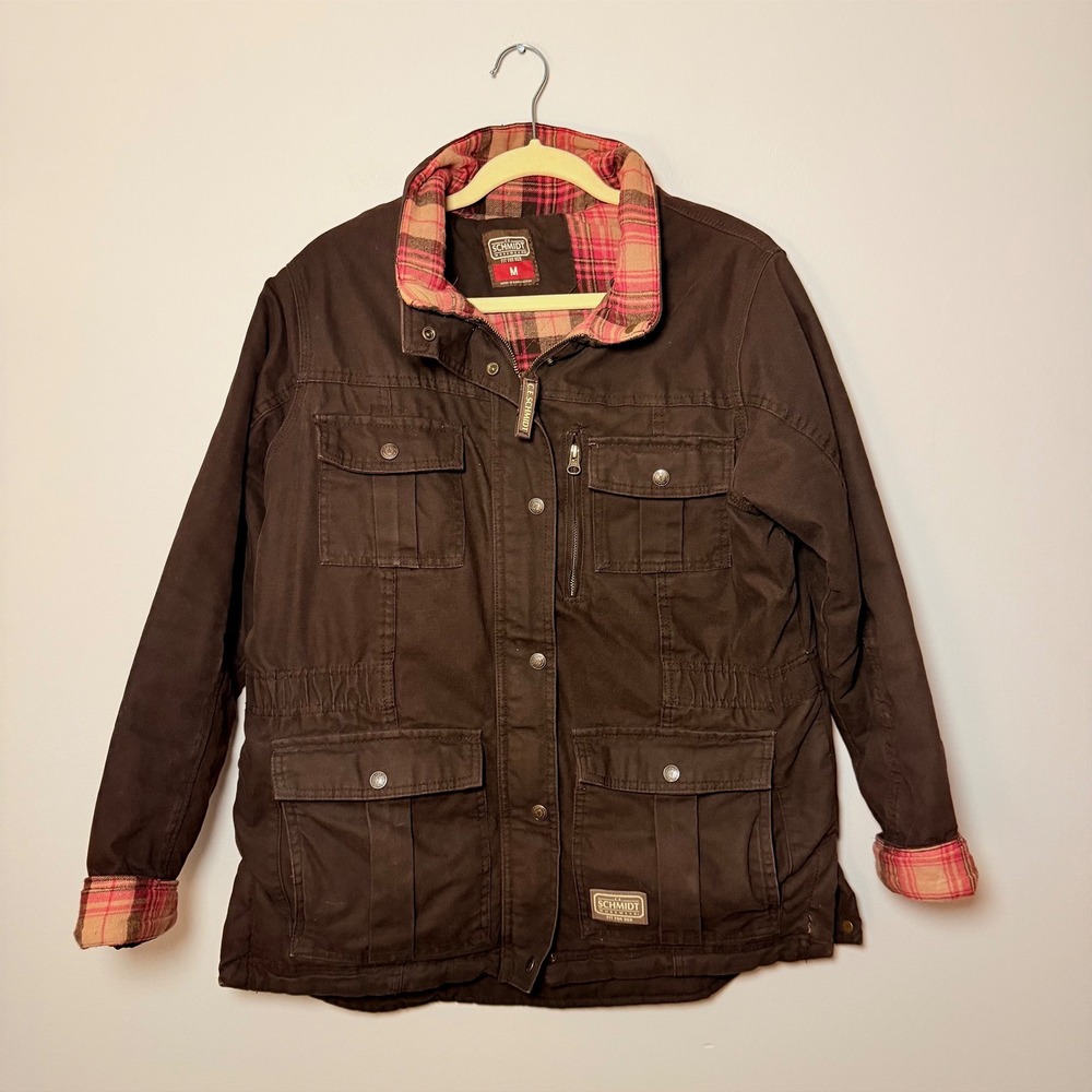 C.E. Schmidt Workwear Barn Coat Work Jacket Brown Plaid Pockets Heavy SZ M